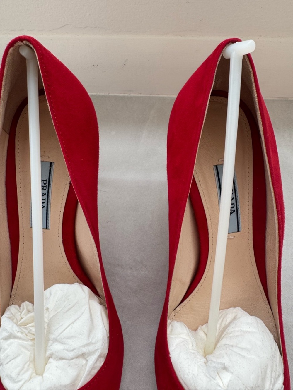 Prada Red Suede Pointed Toe Pumps - Picture 2 of 10